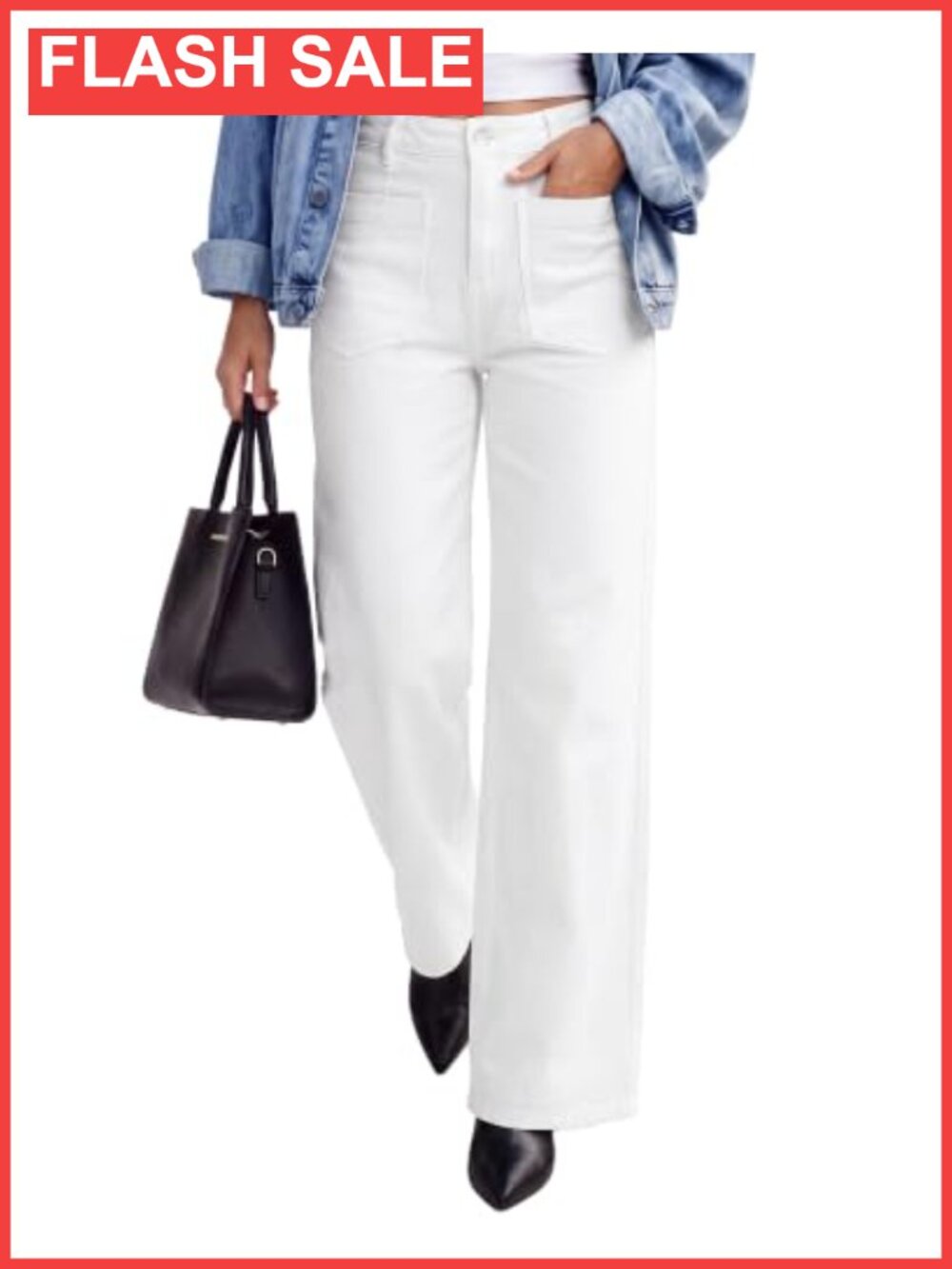 Wide Leg High Waisted Stretchy Denim Jeans Patch Pocket Casual Pants